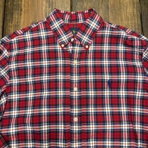 Ralph Lauren‎ Mens Large Plaid Button Down Shirt Red White Blue Long Sleeve Pony